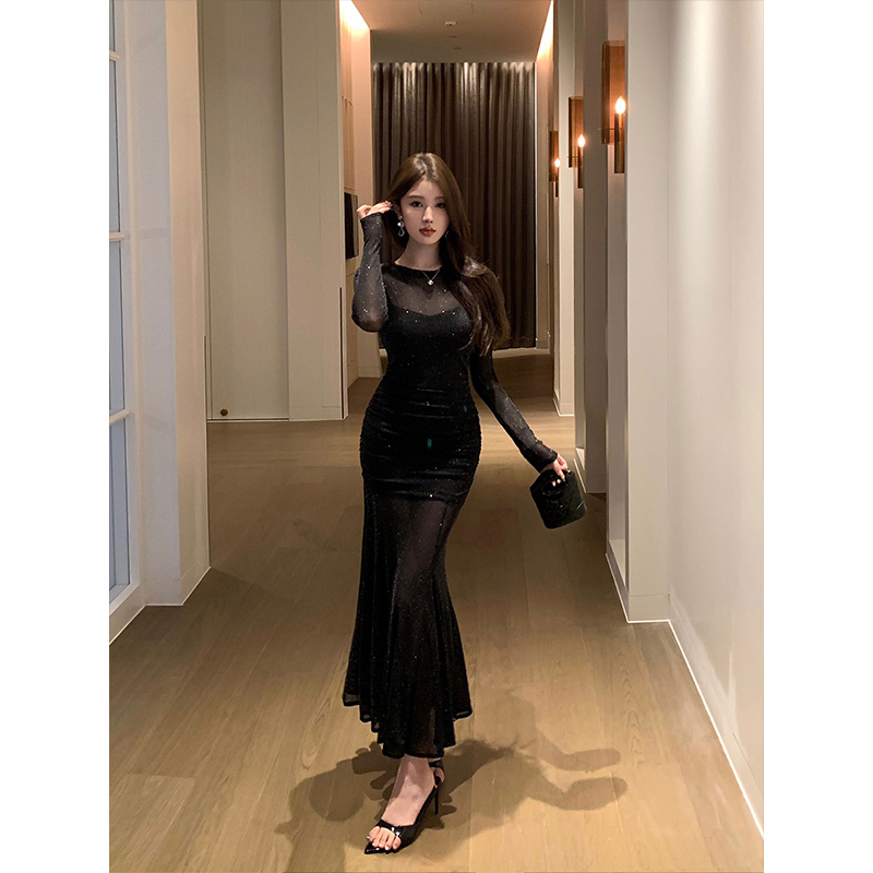 オケージョン ドレス 煌めきラメシアー長袖マーメイドタイトドレス