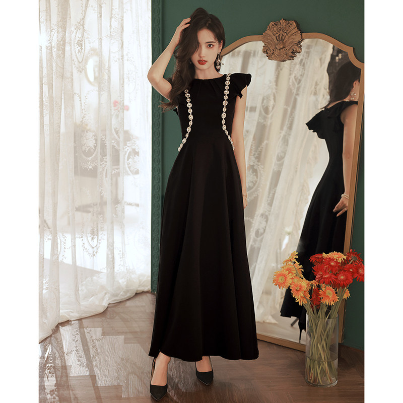 オケージョン ドレス ビジュー装飾フリル袖ロング丈上品ワンピース