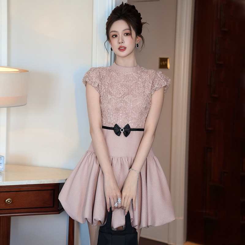 オケージョン ドレス フラワーレース切替バルーンスカートワンピース