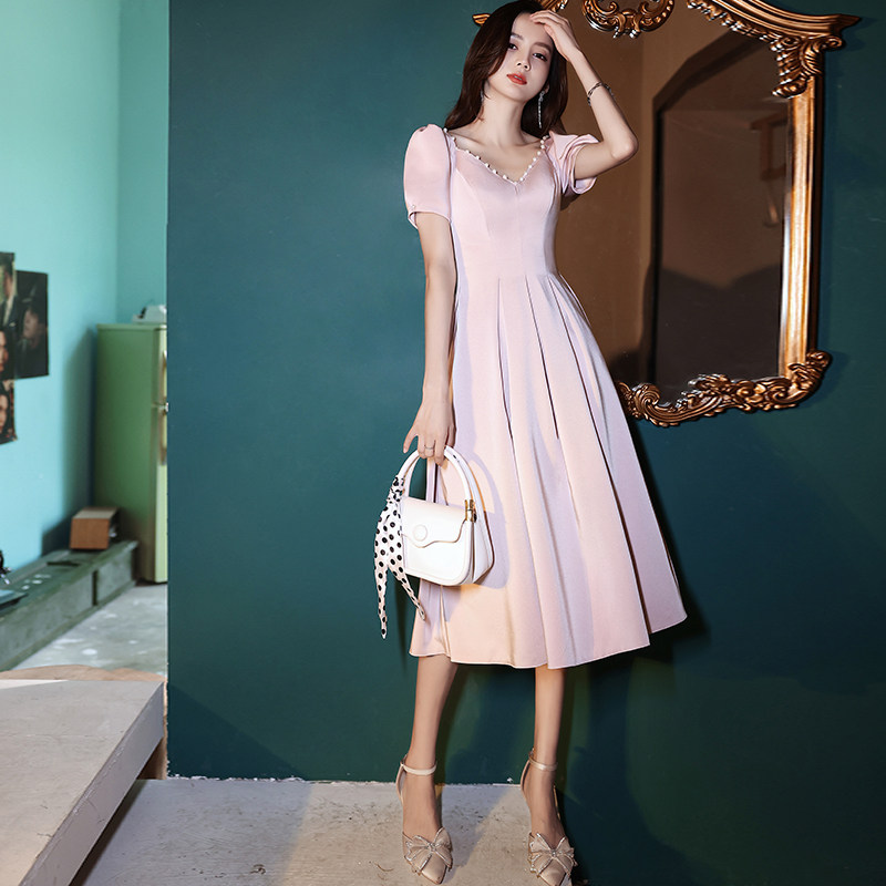 オケージョン ドレス パール装飾Vネックパフスリーブミディ丈ドレス