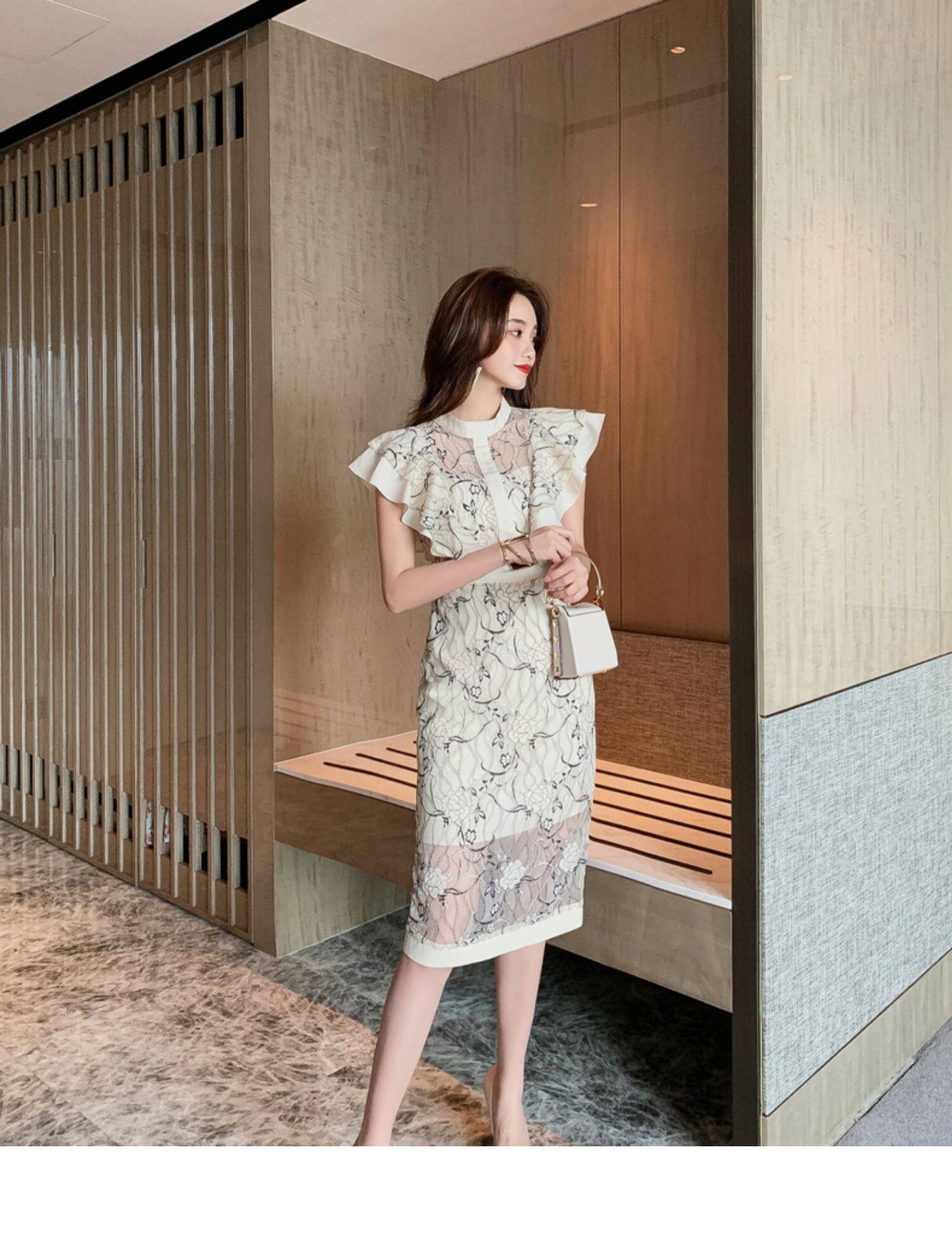 オケージョン ドレス 花柄刺繍レース半袖タイトワンピース タイト