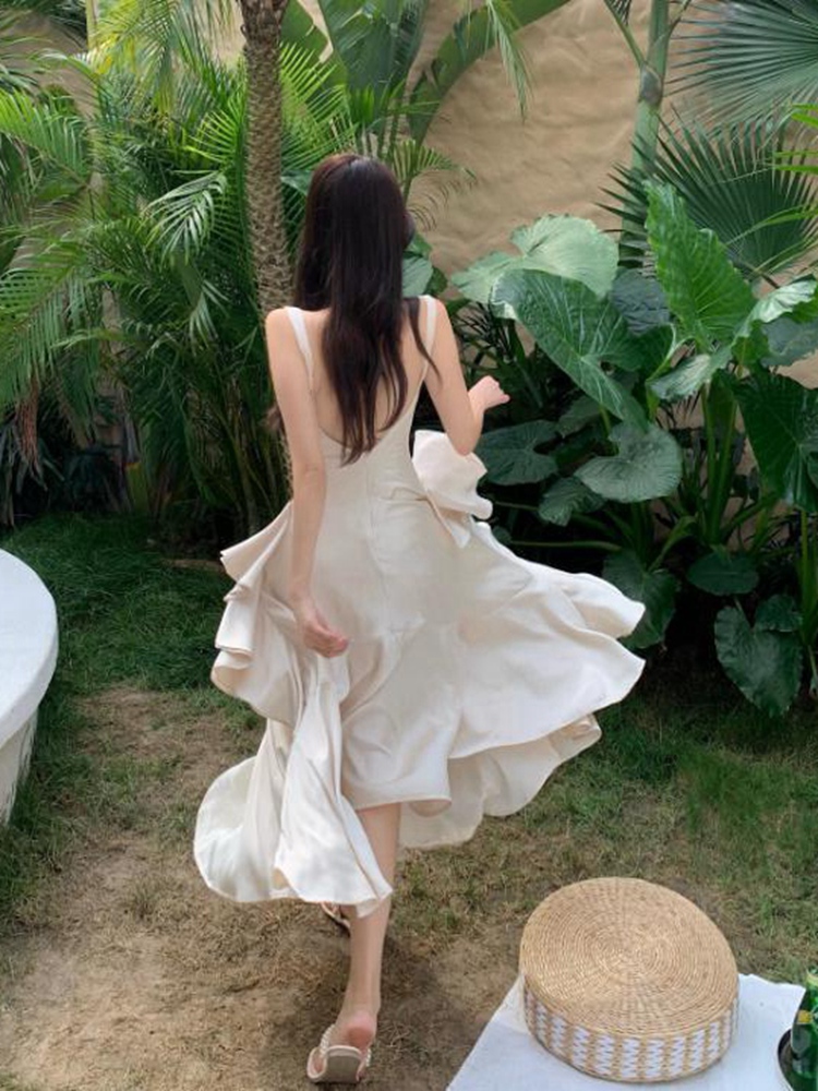 オケージョン ドレス アシンメトリーリボン付きスリット入りロングワンピース