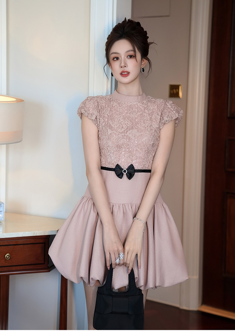 オケージョン ドレス フラワーレース切替バルーンスカートワンピース