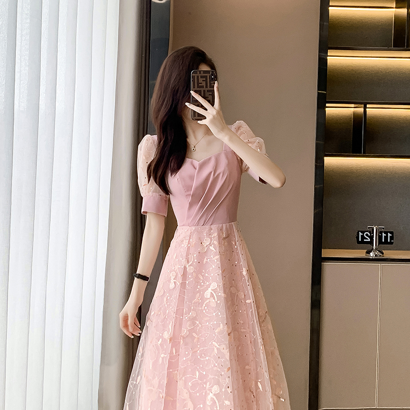 オケージョン ドレス パフスリーブ花柄刺繍チュール切替ワンピース