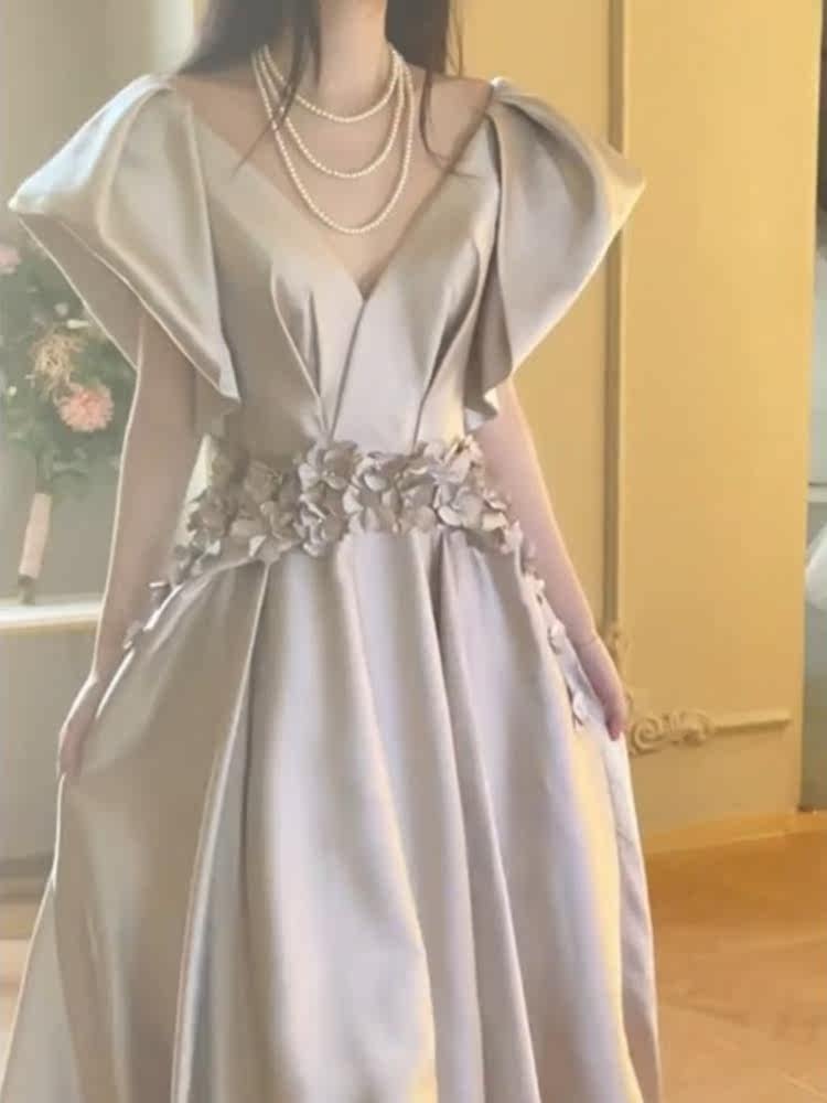 オケージョン ドレス 立体フラワーベルト付きフリル袖ブイネックロングドレス