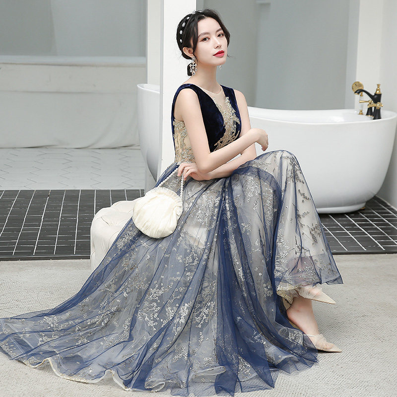 オケージョン ドレス 星空刺繍チュール深Vネックロングドレス