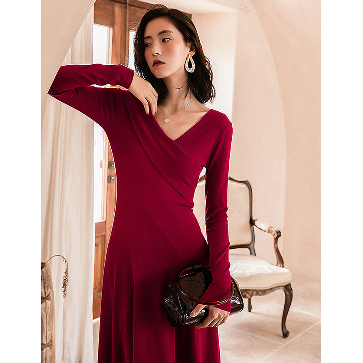 オケージョン ドレス エレガント長袖ラップデザイン裾フレア丈ドレス