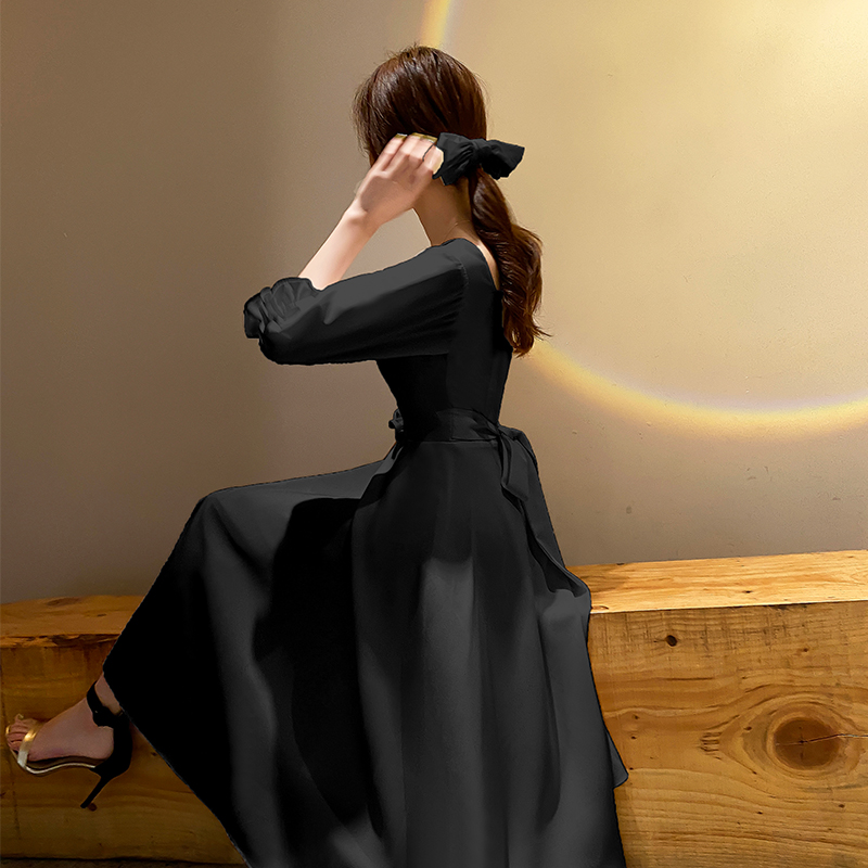 オケージョン ドレス パフスリーブスクエアネック上品ミモレ丈ワンピース