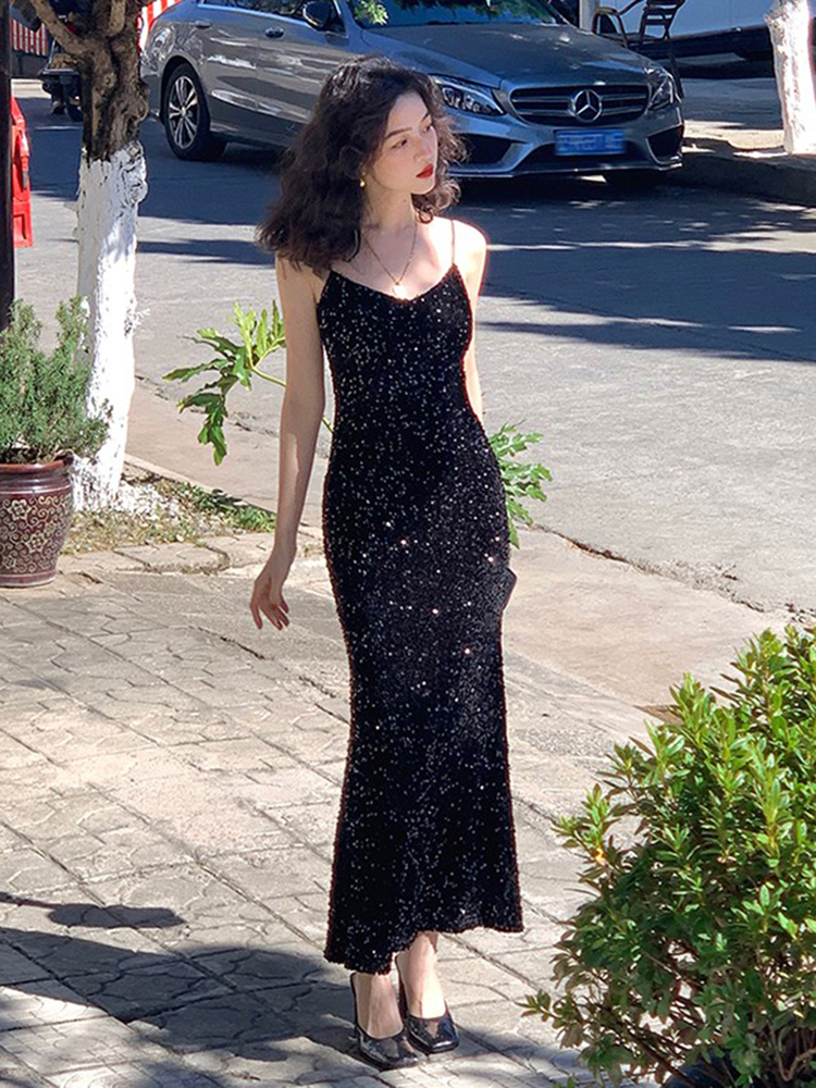 オケージョン ドレス 煌めきスパンコール細身細紐マーメイドロングドレス