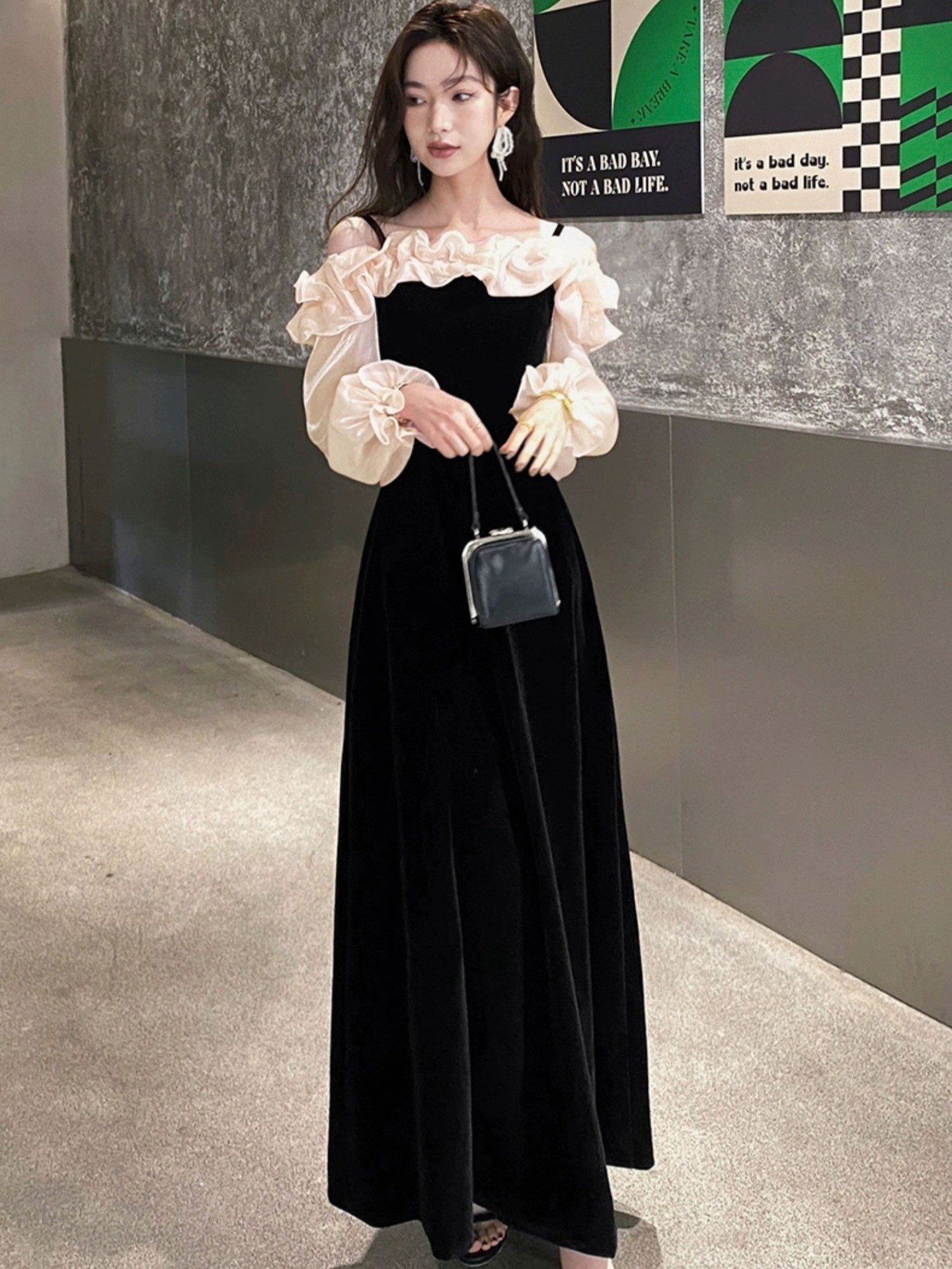 オケージョン ドレス ベロア素材フリル袖オフショルダーロング丈ワンピース