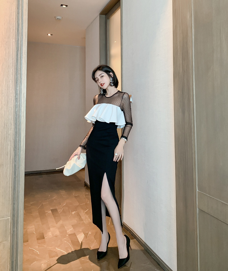 オケージョン ドレス ドット柄シアー袖フリル切替タイトワンピース