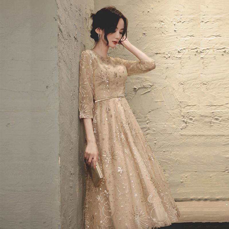 オケージョン ドレス 星空刺繍チュール五分袖ミディ丈ドレス