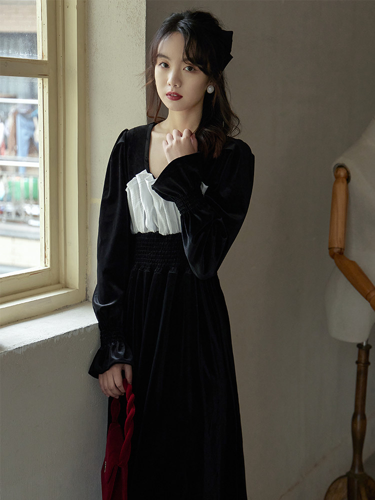 オケージョン ドレス 胸元切替フリル袖ベロアロングドレス