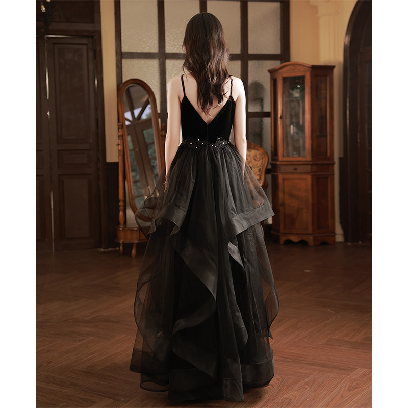 オケージョン ドレス パール装飾ベルベット切替ボリュームチュールロングドレス
