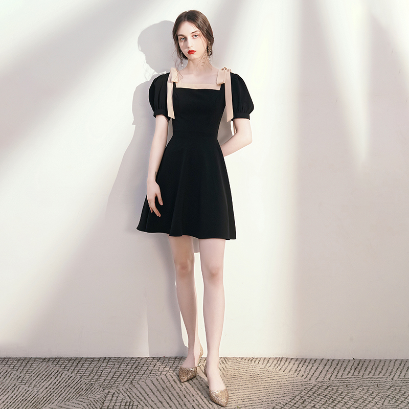 オケージョン ドレス 配色リボン付きパフスリーブフレアワンピース