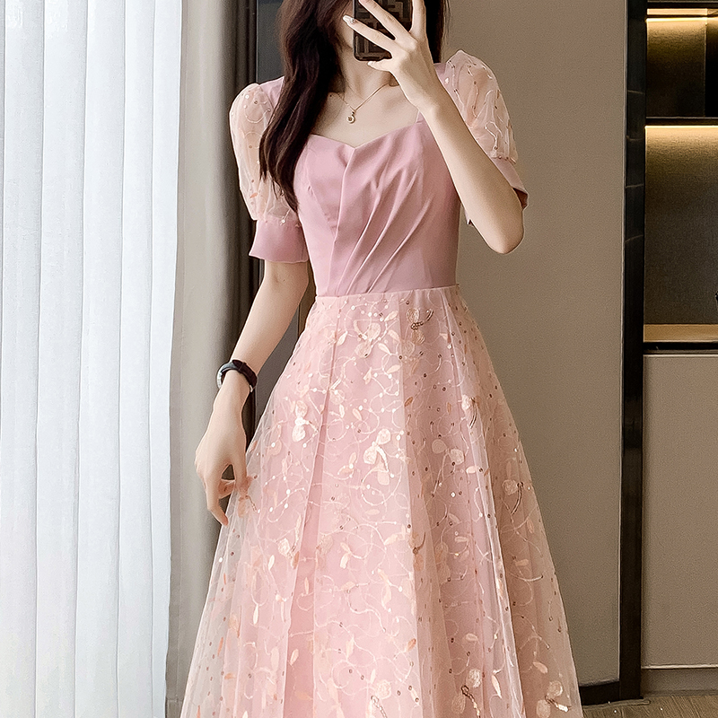 オケージョン ドレス パフスリーブ花柄刺繍チュール切替ワンピース