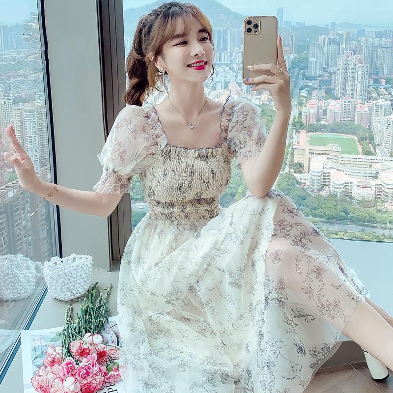 オケージョン ドレス 花柄シフォン パーティーワンピース 結婚式 フレア 半袖