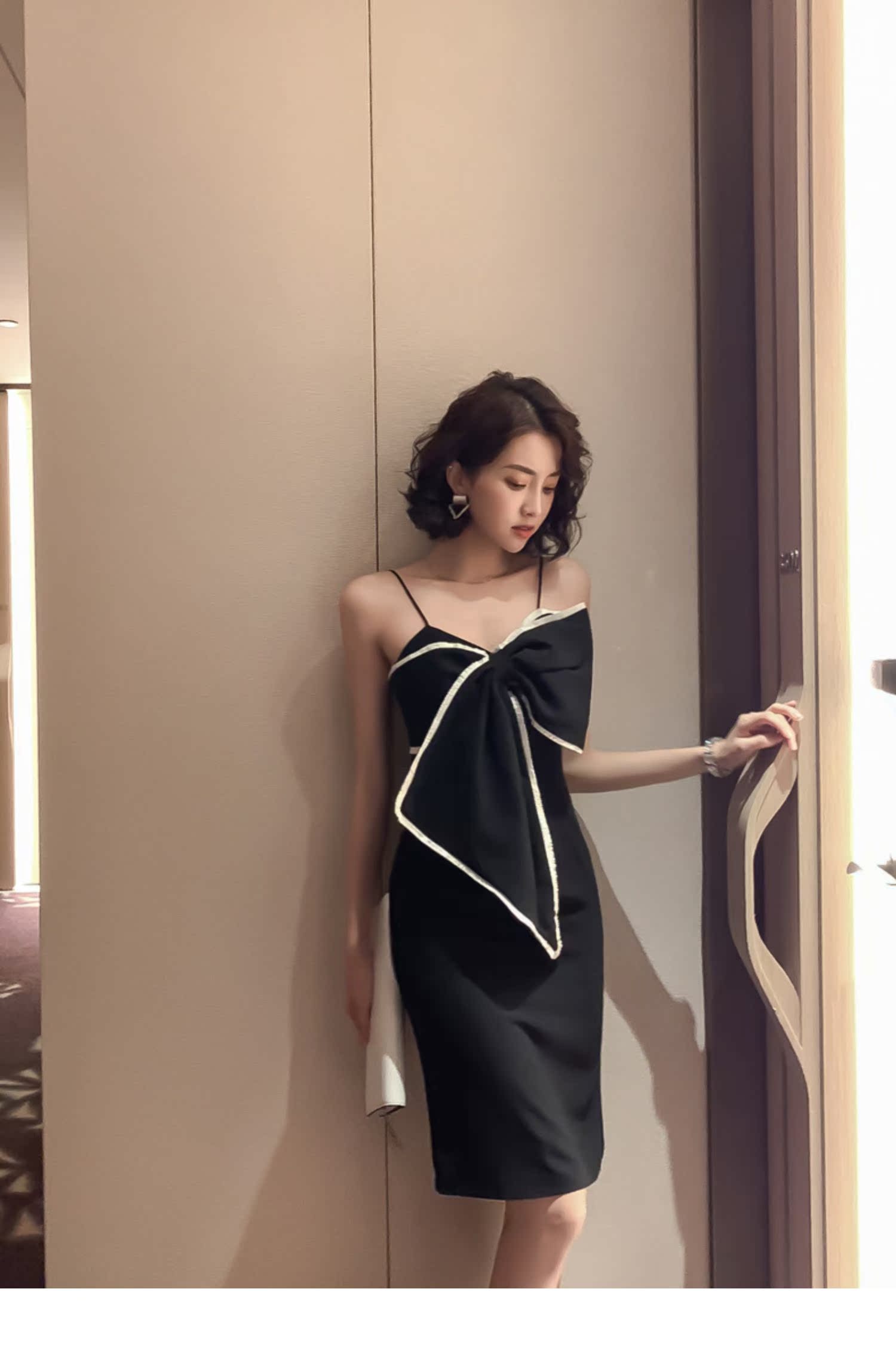 オケージョン ドレス 配色パイピング大判リボンキャミソールタイトドレス