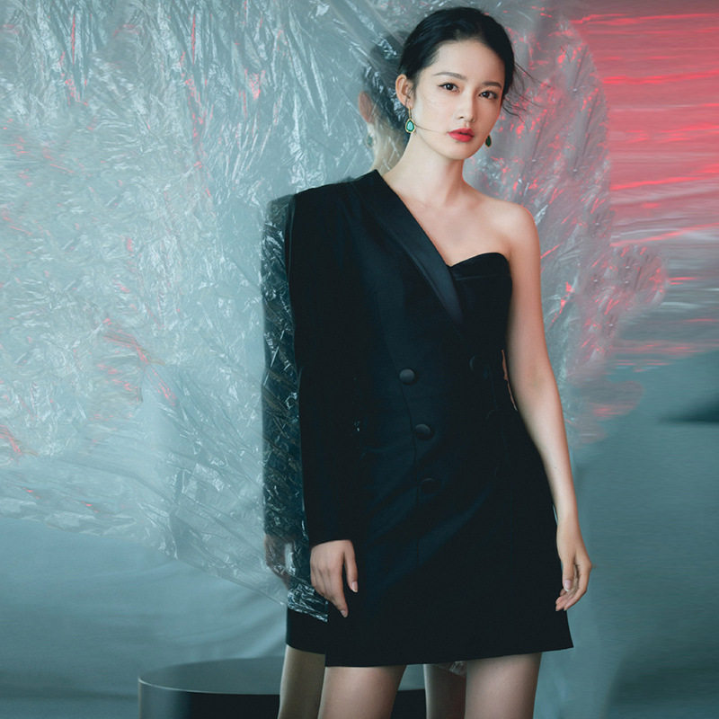 オケージョン ドレス 片袖ジャケット風オフショルミニドレス