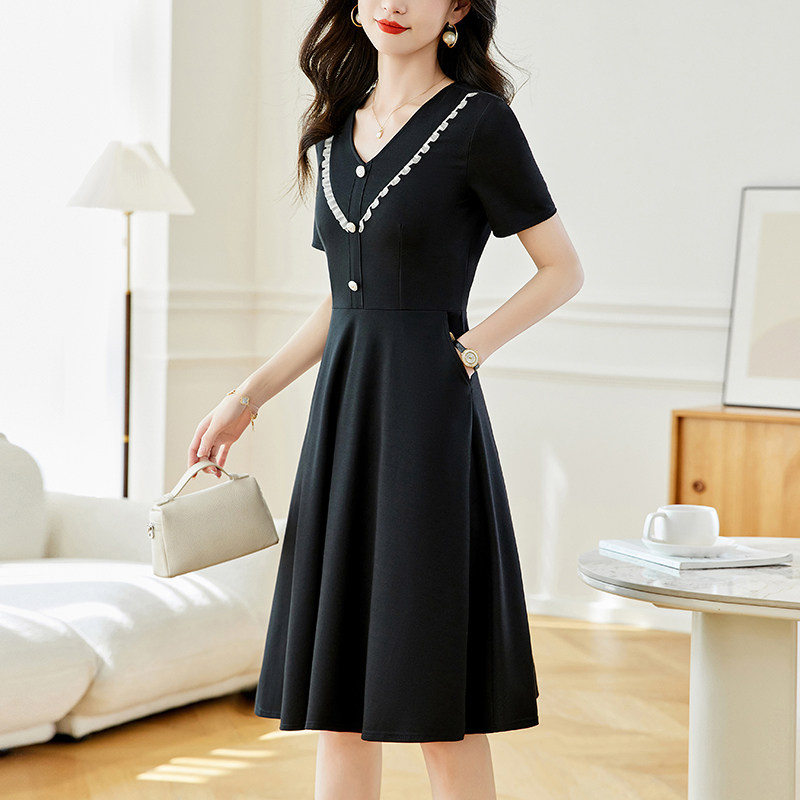 オケージョン ドレス パール風装飾付き半袖膝丈フレアワンピース