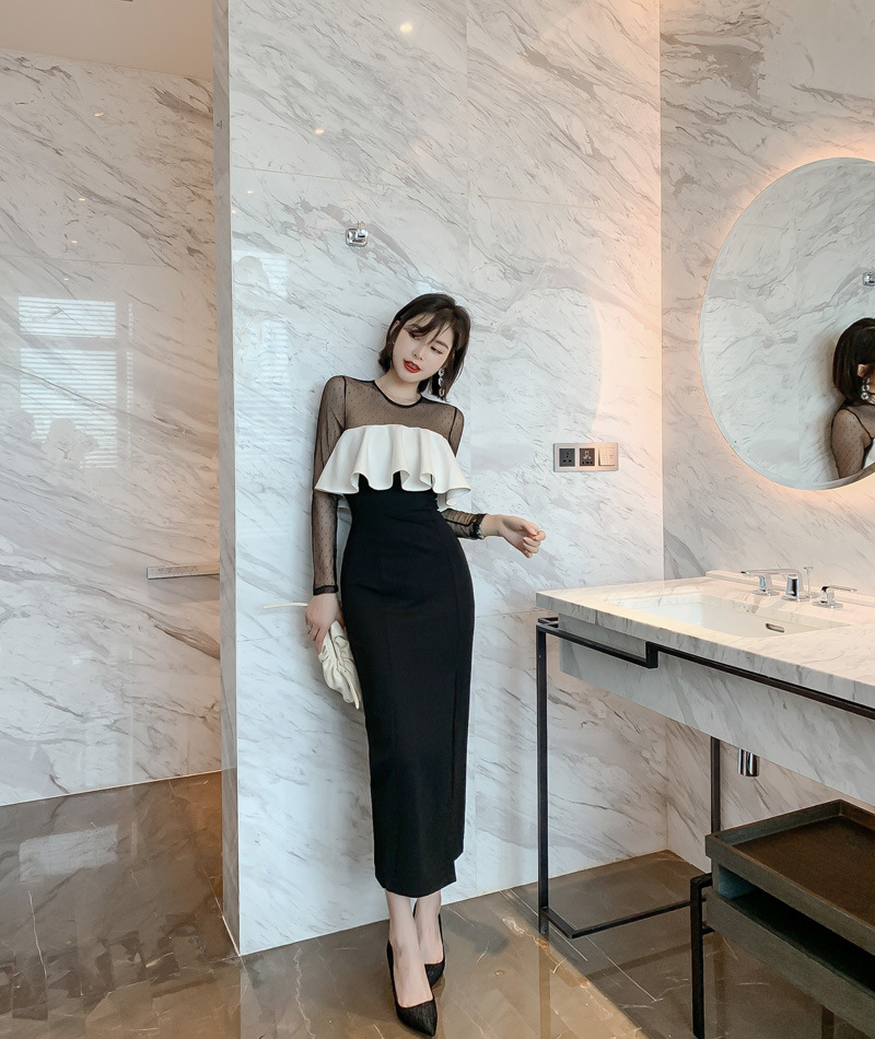 オケージョン ドレス ドット柄シアー袖フリル切替タイトワンピース