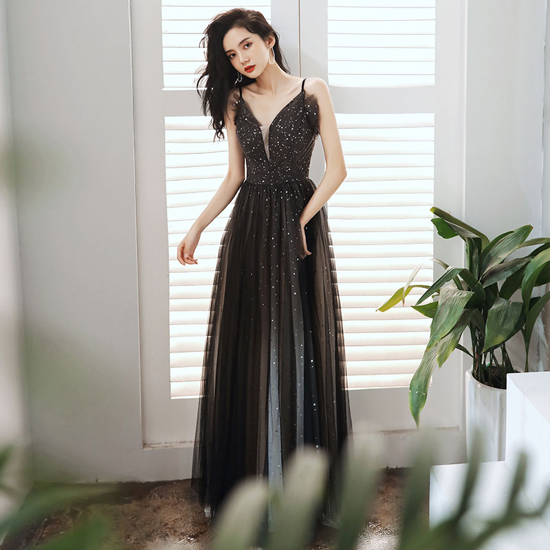 オケージョン ドレス 星空刺繍チュール深胸ロング丈オケージョンドレス