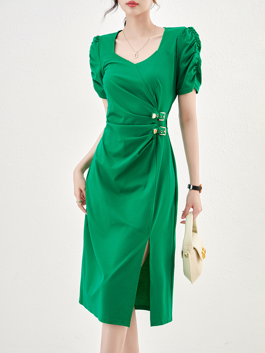 オケージョン ドレス パフスリーブダブルベルト付きタイトドレス