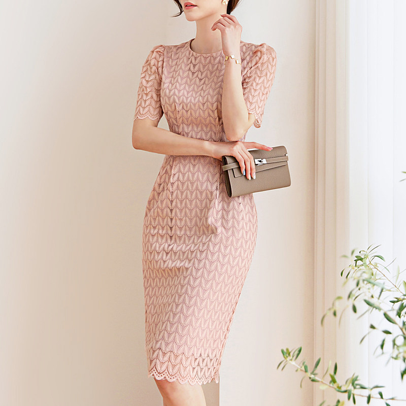 オケージョン ドレス 総レース幾何学模様パフスリーブタイトドレス