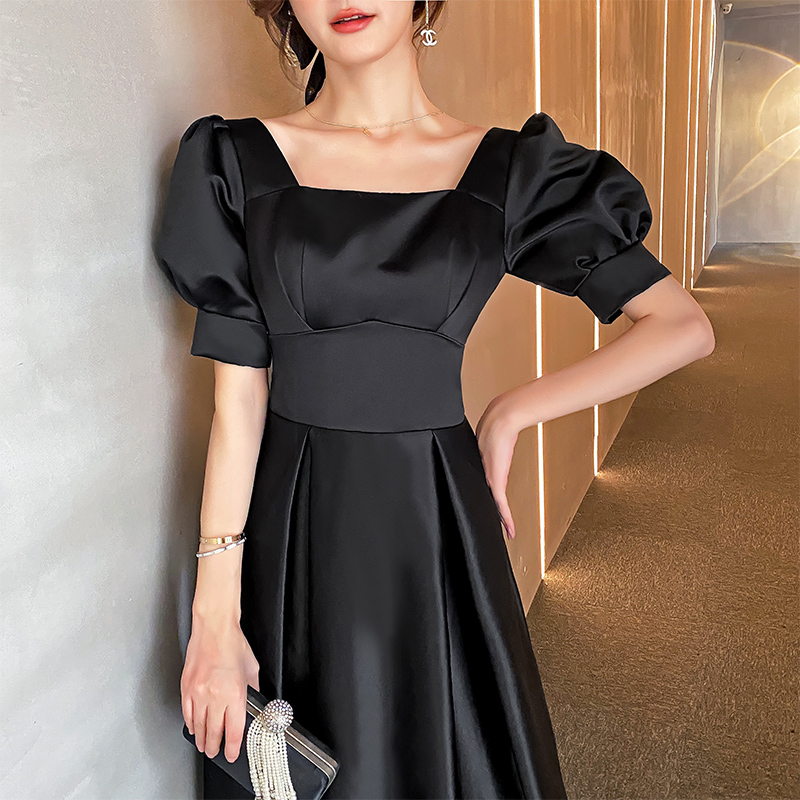 オケージョン ドレス パフスリーブスクエアネックフレアワンピース