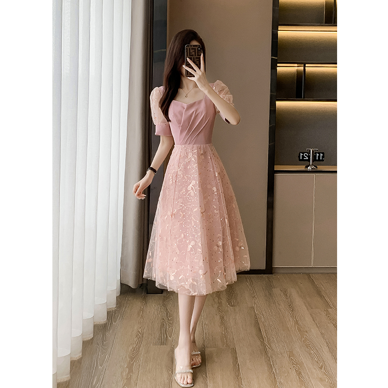 オケージョン ドレス パフスリーブ花柄刺繍チュール切替ワンピース