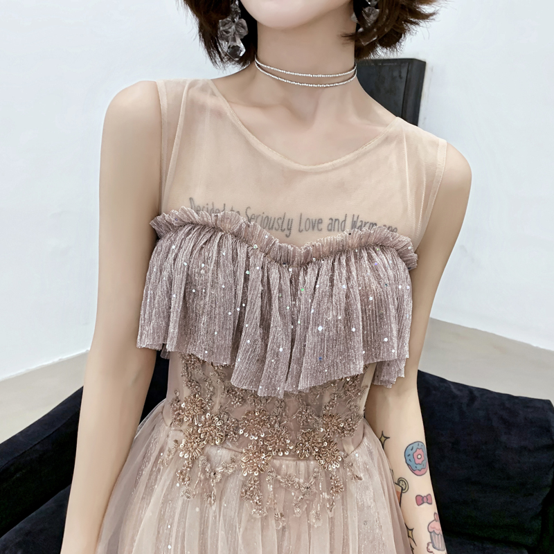 オケージョン ドレス 星屑きらめく胸元フリルチュールロングドレス