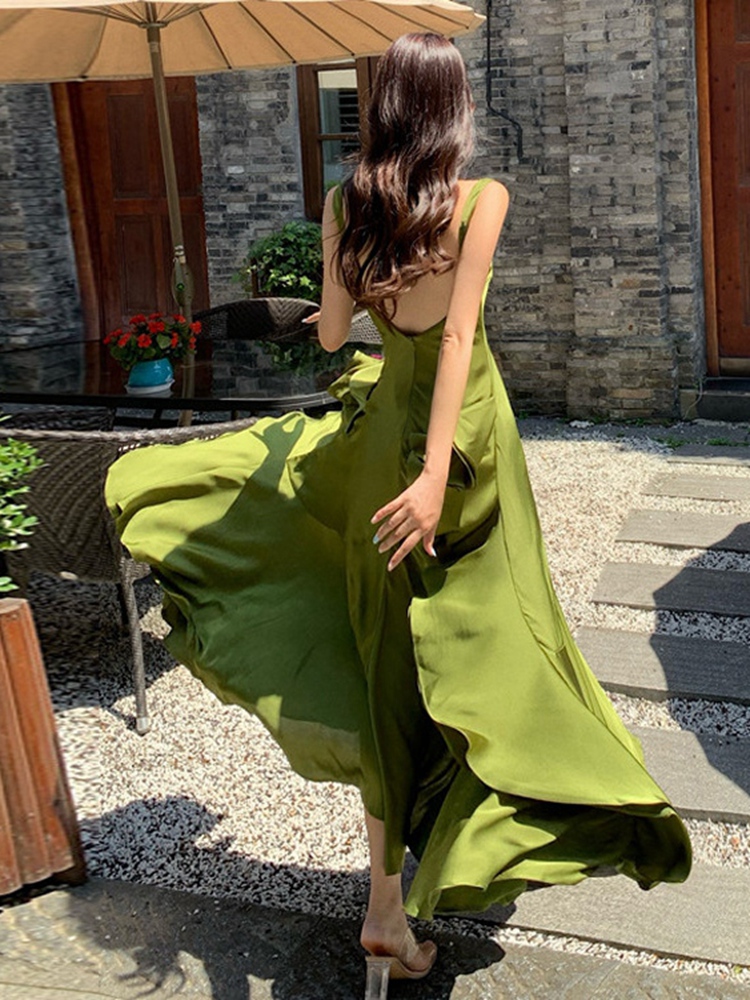 オケージョン ドレス アシンメトリーリボン付きスリット入りロングワンピース