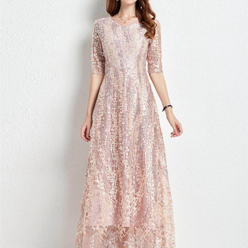 オケージョン ドレス 総スパンコール刺繍五分袖ロング丈ワンピース