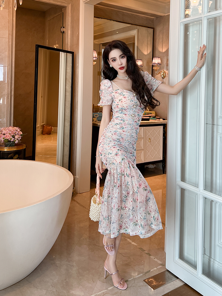 オケージョン ドレス 花柄シャーリングマーメイドドレス