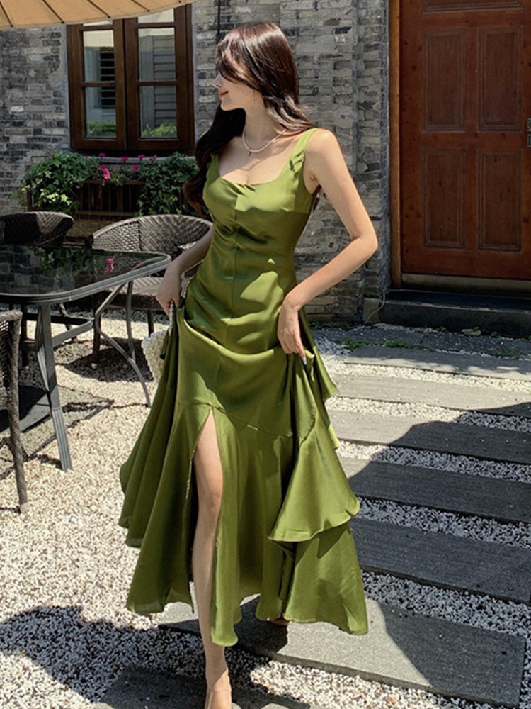 オケージョン ドレス アシンメトリーリボン付きスリット入りロングワンピース