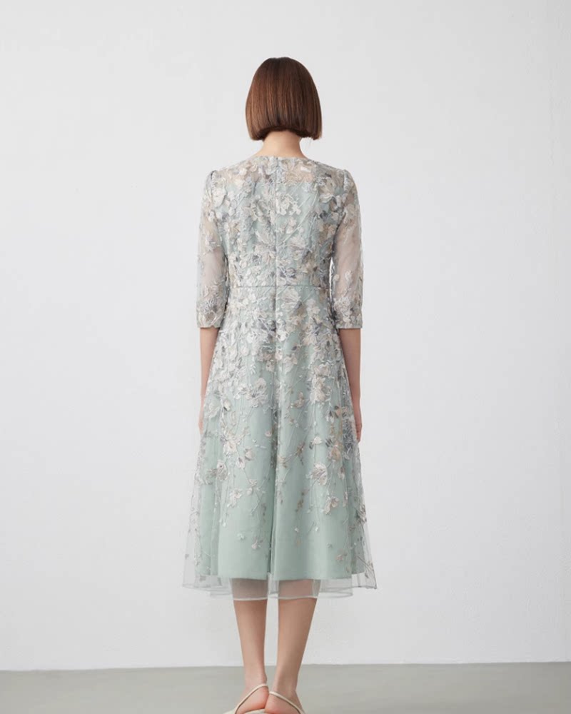 オケージョン ドレス 花刺繍チュール七分袖上品ミモレ丈ワンピース