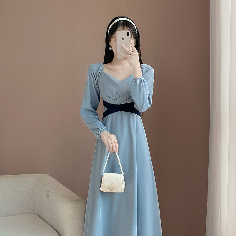 オケージョン ドレス 配色ベルト付きスクエアネック長袖ワンピース