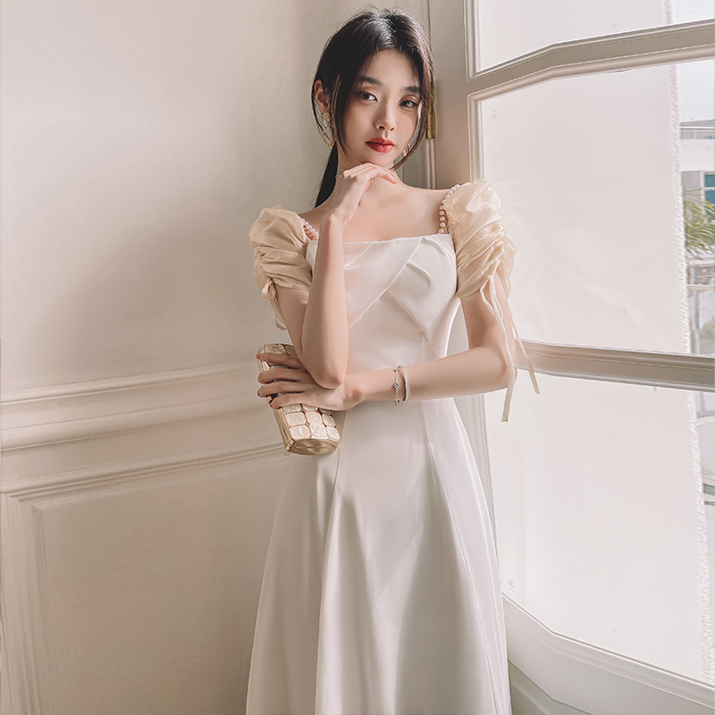 オケージョン ドレス シアーパフスリーブスクエアネックワンピース