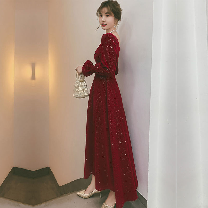 オケージョン ドレス スクエアネック袖フリルラメ入りロング丈ワンピース