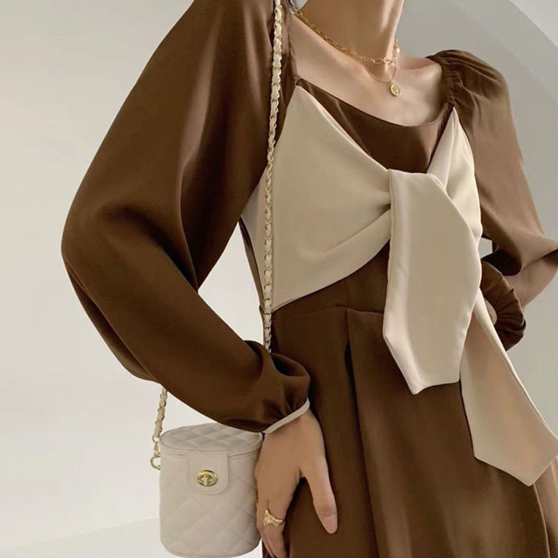 オケージョン ドレス 配色リボンタイ付きパフスリーブワンピース