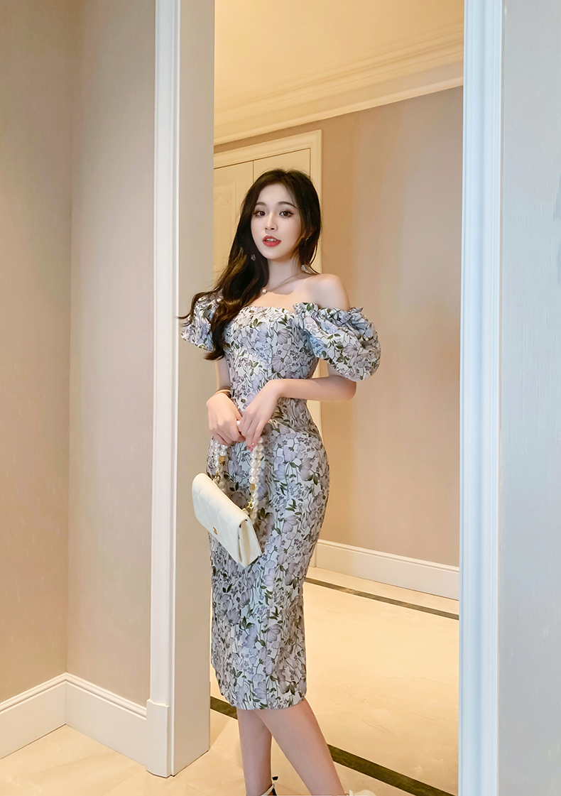 オケージョン ドレス 花柄刺繍パフスリーブオフショルダードレス