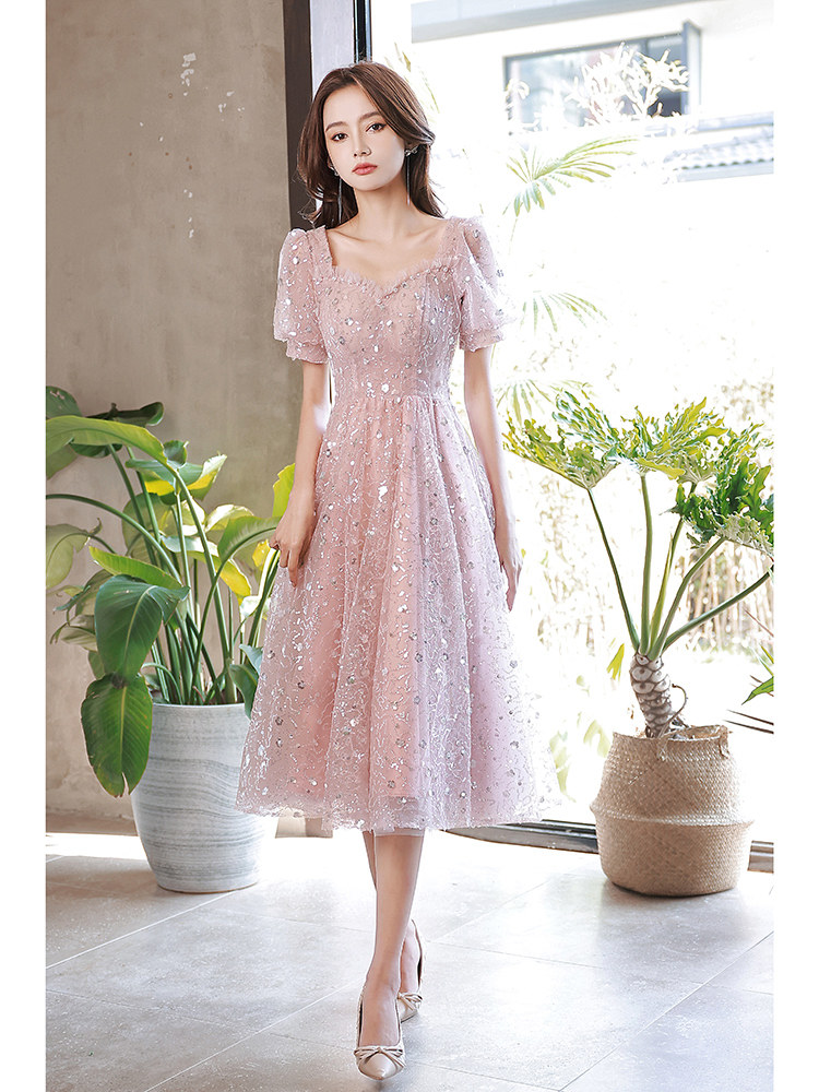 オケージョン ドレス 星屑スパンコール刺繍チュール半袖膝丈ドレス