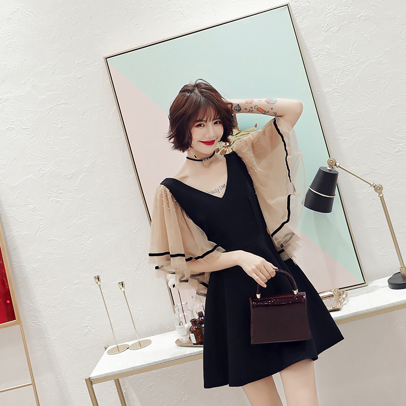 オケージョン ドレス 星屑刺繍チュール袖エレガントワンピース