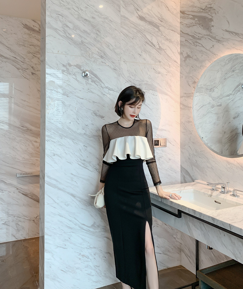 オケージョン ドレス ドット柄シアー袖フリル切替タイトワンピース