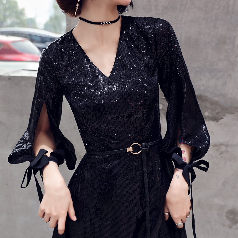 オケージョン ドレス 袖スリット入りラメ輝くブイネック膝丈パーティードレス