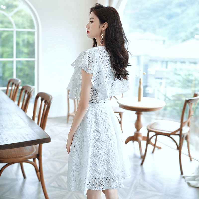 オケージョン ドレス 透かし編みレース半袖ミディ丈ワンピース