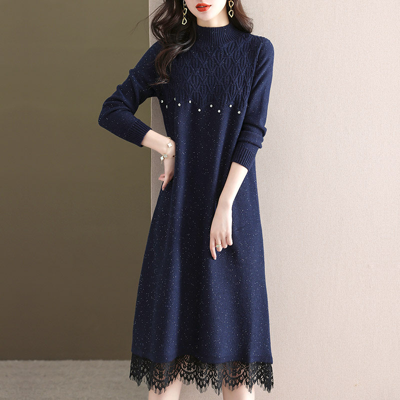 オケージョン ドレス パール付きニット素材裾レース切替ワンピース