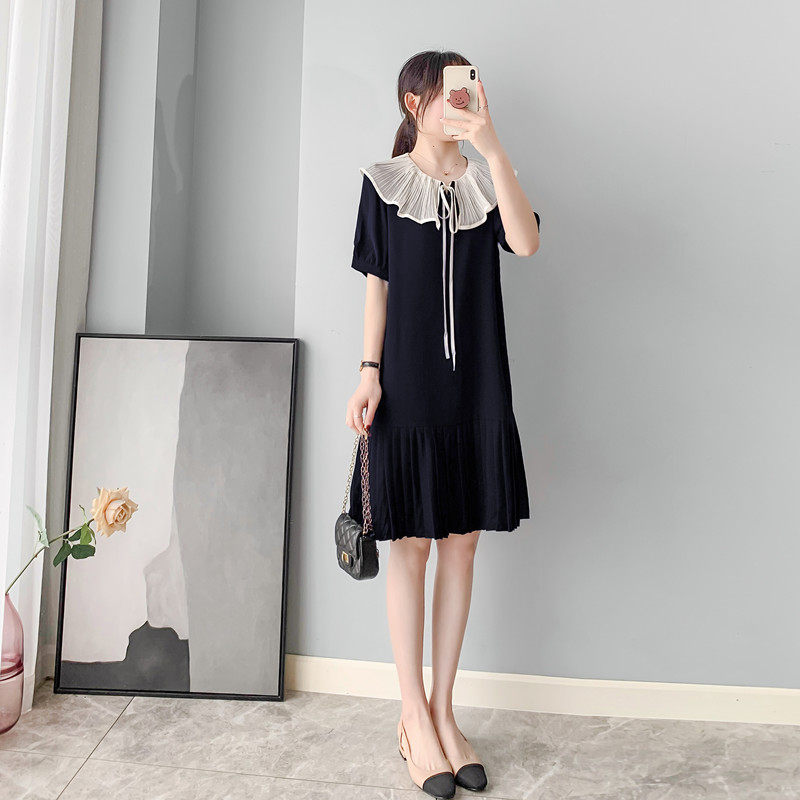 オケージョン ドレス プリーツ襟付きリボン結び半袖ワンピース