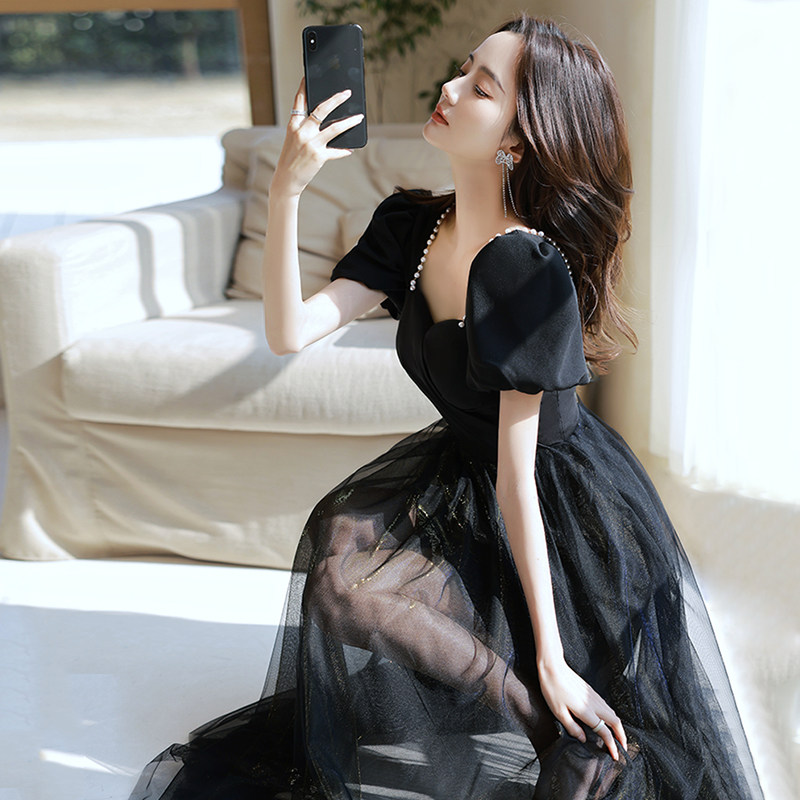 オケージョン ドレス パフスリーブハートネックチュールロングドレス