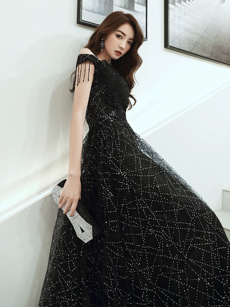 オケージョン ドレス 星屑きらめくオフショルダーチュールロングドレス